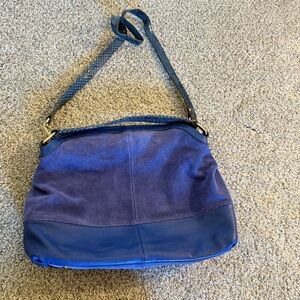 B Makowsky 100% Genuine Leather Blue Suede Crossbody Bag Snakeskin Print Strap